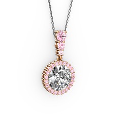 Swarovski ve pembe kuvars 18 ayar rose altın kolye (40 cm gümüş rolo zincir)
