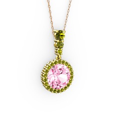 Pembe kuvars ve peridot 18 ayar altın kolye (40 cm rose altın rolo zincir)