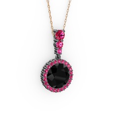 Siyah zirkon ve rodolit garnet 925 ayar siyah rodyum kaplama gümüş kolye (40 cm gümüş rolo zincir)