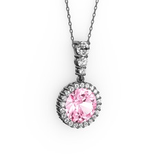 Pembe kuvars ve beyaz zirkon 925 ayar siyah rodyum kaplama gümüş kolye (40 cm gümüş rolo zincir)