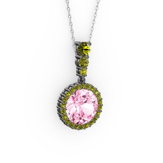Pembe kuvars ve peridot 925 ayar siyah rodyum kaplama gümüş kolye (40 cm beyaz altın rolo zincir)
