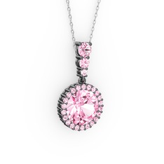 Pembe kuvars 925 ayar siyah rodyum kaplama gümüş kolye (40 cm beyaz altın rolo zincir)