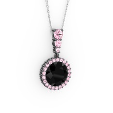 Siyah zirkon ve pembe kuvars 925 ayar siyah rodyum kaplama gümüş kolye (40 cm gümüş rolo zincir)