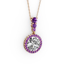 Swarovski ve ametist 8 ayar rose altın kolye (40 cm gümüş rolo zincir)