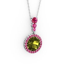 Peridot ve rodolit garnet 8 ayar beyaz altın kolye (40 cm gümüş rolo zincir)