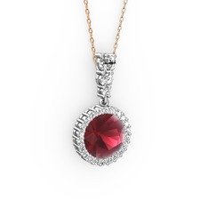 Lavinya Kolye - Kök yakut ve beyaz zirkon 18 ayar beyaz altın kolye (40 cm rose altın rolo zincir) #1i4kmyo