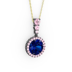 Lab safir ve pembe kuvars 925 ayar siyah rodyum kaplama gümüş kolye (40 cm altın rolo zincir)