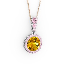 Lavinya Kolye - Sitrin ve pembe kuvars 18 ayar beyaz altın kolye (40 cm rose altın rolo zincir) #1mwf5e7