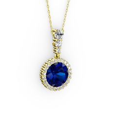 Lavinya Kolye - Lab safir ve swarovski 18 ayar altın kolye (40 cm altın rolo zincir) #1n1sic