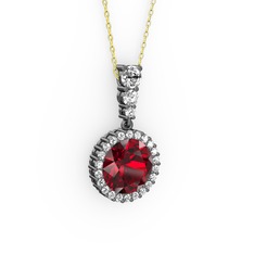Garnet ve beyaz zirkon 925 ayar siyah rodyum kaplama gümüş kolye (40 cm altın rolo zincir)