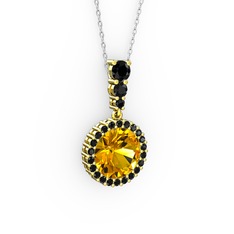 Sitrin ve siyah zirkon 925 ayar altın kaplama gümüş kolye (40 cm beyaz altın rolo zincir)