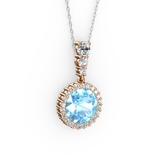 Akuamarin ve swarovski 8 ayar rose altın kolye (40 cm gümüş rolo zincir)