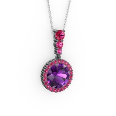 Lavinya Kolye - Ametist ve rodolit garnet 925 ayar siyah rodyum kaplama gümüş kolye (40 cm beyaz altın rolo zincir) #1taazn0