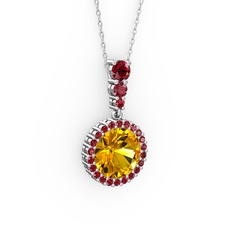 Sitrin ve garnet 14 ayar beyaz altın kolye (40 cm beyaz altın rolo zincir)