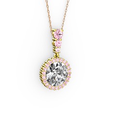 Swarovski ve pembe kuvars 8 ayar altın kolye (40 cm gümüş rolo zincir)