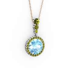 Akuamarin ve peridot 8 ayar beyaz altın kolye (40 cm gümüş rolo zincir)