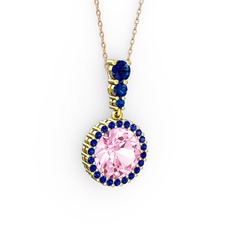 Pembe kuvars ve lab safir 18 ayar altın kolye (40 cm rose altın rolo zincir)