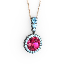 Lavinya Kolye - Rodolit garnet ve akuamarin 925 ayar siyah rodyum kaplama gümüş kolye (40 cm rose altın rolo zincir) #1x2o5sf