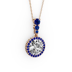 Beyaz zirkon ve lab safir 18 ayar rose altın kolye (40 cm rose altın rolo zincir)