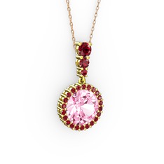 Pembe kuvars ve garnet 8 ayar altın kolye (40 cm rose altın rolo zincir)