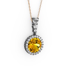 Sitrin ve swarovski 925 ayar siyah rodyum kaplama gümüş kolye (40 cm rose altın rolo zincir)