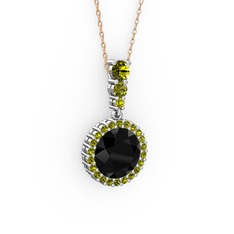 Siyah zirkon ve peridot 14 ayar beyaz altın kolye (40 cm gümüş rolo zincir)