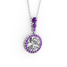 Lavinya Kolye - Swarovski ve ametist 14 ayar beyaz altın kolye (40 cm gümüş rolo zincir) #23ecf5