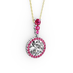 Beyaz zirkon ve rodolit garnet 14 ayar beyaz altın kolye (40 cm altın rolo zincir)