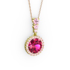 Rodolit garnet ve pembe kuvars 18 ayar altın kolye (40 cm rose altın rolo zincir)
