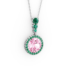 Lavinya Kolye - Pembe kuvars ve yeşil kuvars 14 ayar beyaz altın kolye (40 cm gümüş rolo zincir) #5299il
