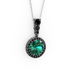 Yeşil kuvars ve siyah zirkon 925 ayar siyah rodyum kaplama gümüş kolye (40 cm beyaz altın rolo zincir)