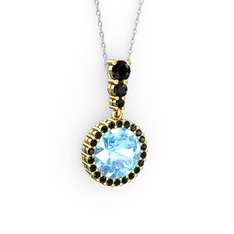 Akuamarin ve siyah zirkon 925 ayar altın kaplama gümüş kolye (40 cm beyaz altın rolo zincir)