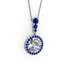 Beyaz zirkon ve lab safir 14 ayar beyaz altın kolye (40 cm gümüş rolo zincir)