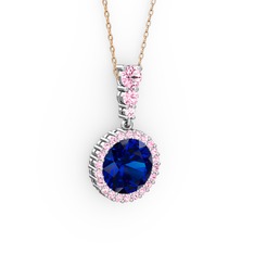 Lab safir ve pembe kuvars 14 ayar beyaz altın kolye (40 cm rose altın rolo zincir)