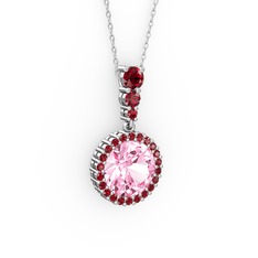 Pembe kuvars ve garnet 925 ayar gümüş kolye (40 cm beyaz altın rolo zincir)