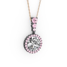 Swarovski ve pembe kuvars 925 ayar siyah rodyum kaplama gümüş kolye (40 cm rose altın rolo zincir)