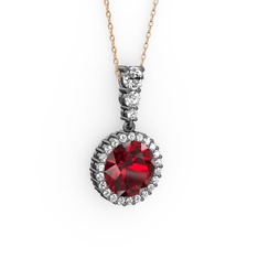 Garnet ve swarovski 925 ayar siyah rodyum kaplama gümüş kolye (40 cm rose altın rolo zincir)