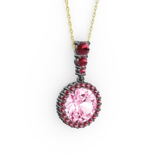 Lavinya Kolye - Pembe kuvars ve kök zümrüt 925 ayar siyah rodyum kaplama gümüş kolye (40 cm altın rolo zincir) #bf32pj