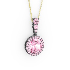 Pembe kuvars 925 ayar siyah rodyum kaplama gümüş kolye (40 cm altın rolo zincir)