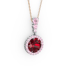 Garnet ve pembe kuvars 14 ayar beyaz altın kolye (40 cm rose altın rolo zincir)