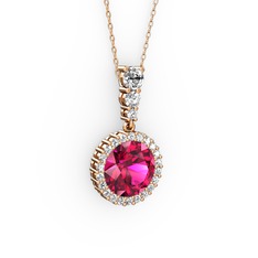Rodolit garnet ve beyaz zirkon 8 ayar rose altın kolye (40 cm rose altın rolo zincir)