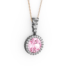 Pembe kuvars ve swarovski 925 ayar siyah rodyum kaplama gümüş kolye (40 cm rose altın rolo zincir)