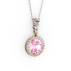 Lavinya Kolye - Pembe kuvars ve beyaz zirkon 14 ayar rose altın kolye (40 cm beyaz altın rolo zincir) #e66jug
