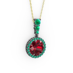 Lavinya Kolye - Garnet ve kök yakut 925 ayar siyah rodyum kaplama gümüş kolye (40 cm altın rolo zincir) #fw06et