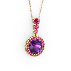 Ametist ve rodolit garnet 925 ayar altın kaplama gümüş kolye (40 cm rose altın rolo zincir)