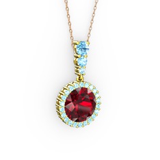 Garnet ve akuamarin 18 ayar altın kolye (40 cm rose altın rolo zincir)