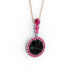 Lavinya Kolye - Siyah zirkon ve rodolit garnet 14 ayar beyaz altın kolye (40 cm rose altın rolo zincir) #h1gtwo