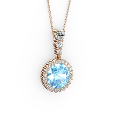 Akuamarin ve swarovski 925 ayar rose altın kaplama gümüş kolye (40 cm rose altın rolo zincir)