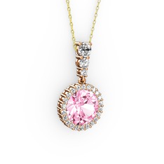 Lavinya Kolye - Pembe kuvars ve swarovski 18 ayar rose altın kolye (40 cm altın rolo zincir) #hz0f8q