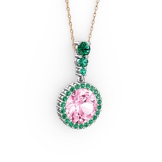 Lavinya Kolye - Pembe kuvars ve yeşil kuvars 8 ayar beyaz altın kolye (40 cm rose altın rolo zincir) #ii0zyr